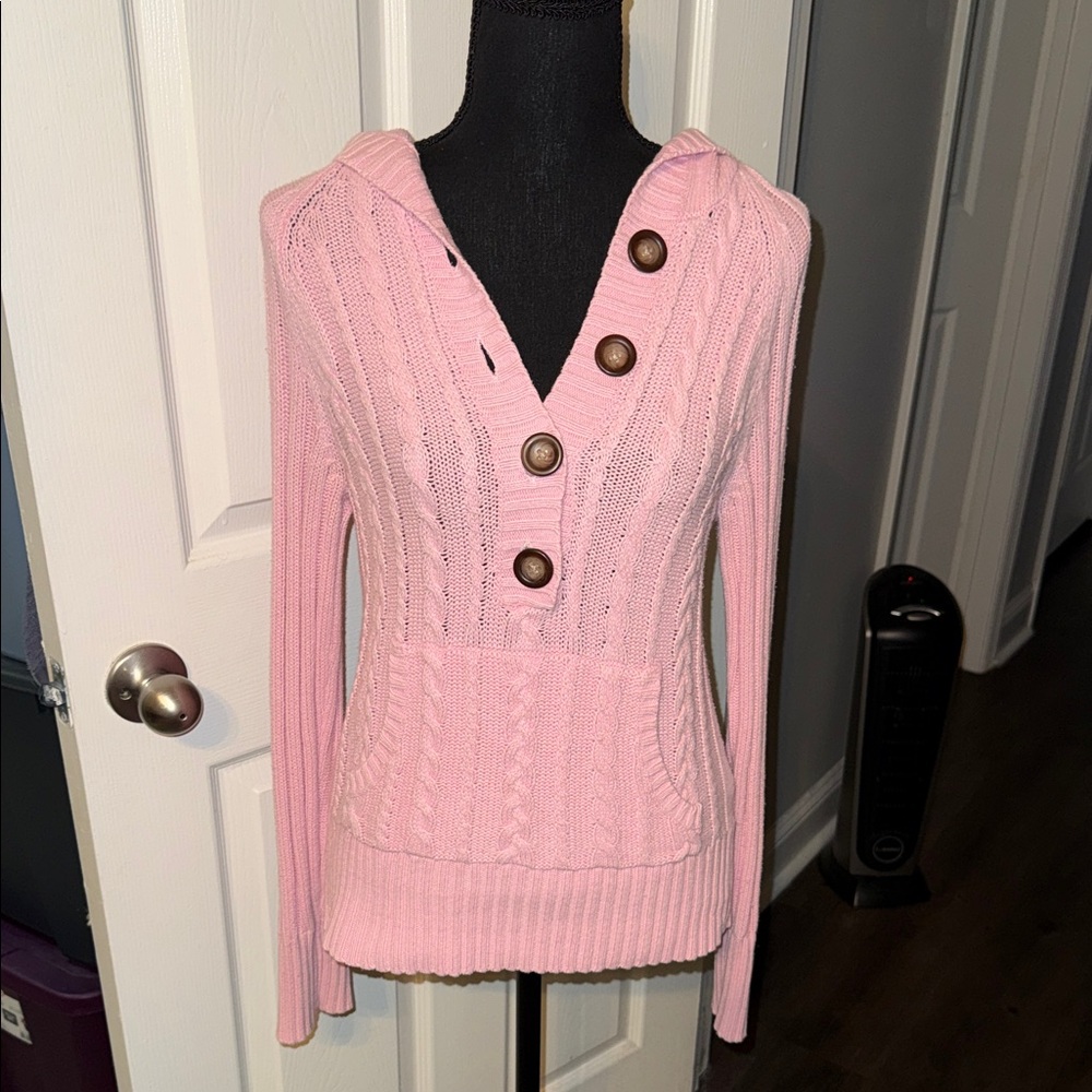 🖤AEROPOSTALE VINTAGE LIGHT PINK CABLE KNIT HOODED SWEATER SIZE L🖤
